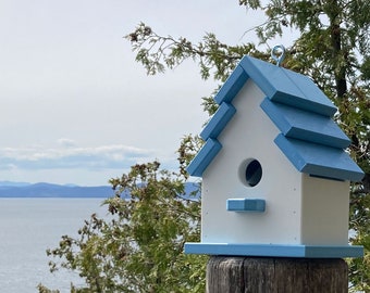 Traditional Eco-Friendly Poly Birdhouse, White with Sky Blue Roof