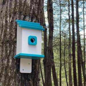 Square Back-Mount Birdhouse, White with Aqua Roof image 1