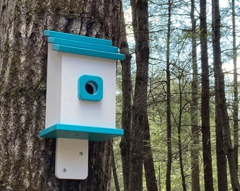 Square Back-Mount Birdhouse, White with Aqua Roof