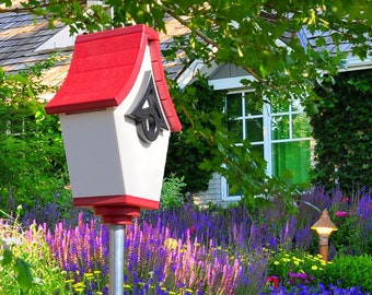 Regal Pole Mount Birdhouse - White with Cardinal Red Roof