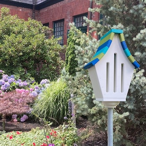 Butterfly House, White with Aqua, Lime, and Royal Roof