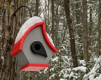 Eclectic Hanging Poly Birdhouse, Gray with Cardinal Red Roof