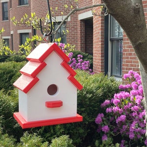 Traditional Eco-Friendly Poly Birdhouse, White with Red Roof