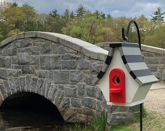 Chalet Poly Birdhouse, White with Gray and Black Roof