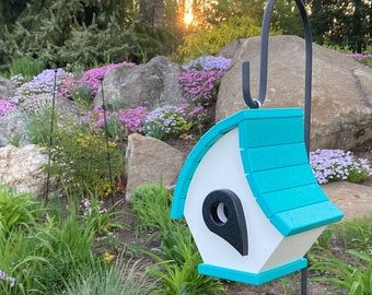 Eclectic Eco-Friendly Hanging Poly Birdhouse, White with Aqua Roof