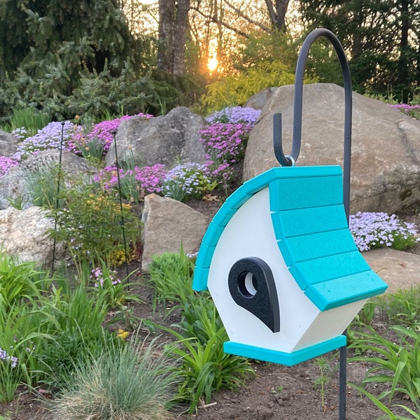 Eclectic Eco-Friendly Hanging Poly Birdhouse, White with Aqua Roof