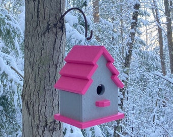 Traditional Eco-Friendly Birdhouse, Gray with Pink Roof