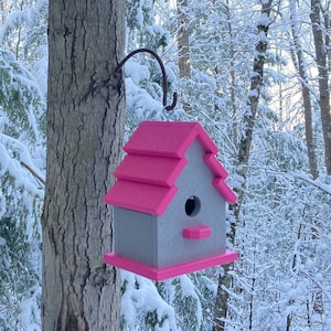 Traditional Eco-Friendly Birdhouse, Gray with Pink Roof