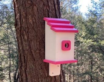 Square Back-Mount Birdhouse, White with Pink Roof