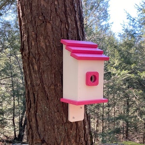 Square Back-Mount Birdhouse, White with Pink Roof image 1