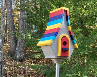 Large Whimsical Poly Birdhouse, Gray with Yellow, Cardinal Red, Navy, and Aqua Blue Roof