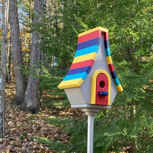 Large Whimsical Poly Birdhouse, Gray with Yellow, Cardinal Red, Navy, and Aqua Blue Roof image 1