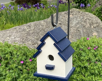 Traditional Eco-Friendly Poly Birdhouse, White with Navy Roof