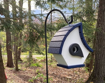 Eclectic Hanging Poly Birdhouse, White with Navy Blue Roof