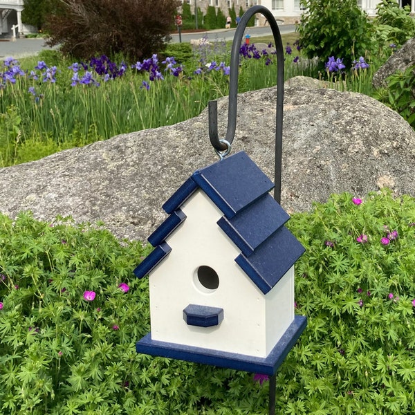 Traditional Eco-Friendly Poly Birdhouse, White with Navy Roof