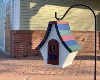 Chalet Poly Birdhouse, White with Navy, Maroon and Green Roof