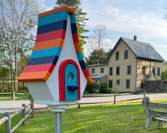 Large Whimsical Poly Birdhouse, White with Orange, Aqua, Red, and Navy Blue Roof