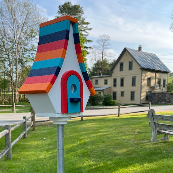 Large Whimsical Poly Birdhouse, White with Orange, Aqua, Red, and Navy Blue Roof