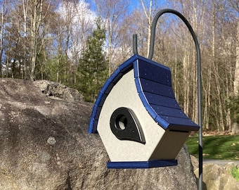 Eclectic Hanging Poly Birdhouse, Gray with Navy Roof