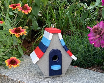 Chalet Poly Birdhouse, Gray with Red, White, Sky, and Navy Roof