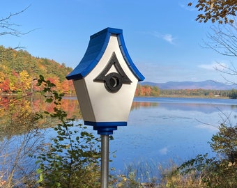 Regal Eco-Friendly Pole Mount Poly Birdhouse - White with Royal Blue Roof