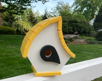 Eclectic Hanging Poly Birdhouse, White with Yellow Roof