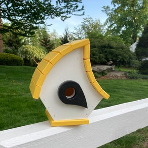 Eclectic Hanging Poly Birdhouse, White with Yellow Roof image 1