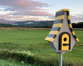 Large Whimsical Poly Birdhouse, Gray with Yellow and Black Roof