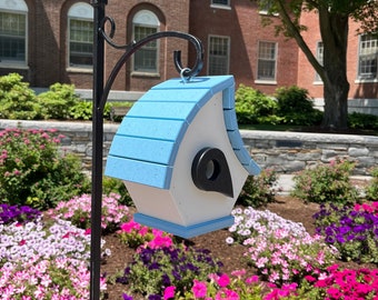 Eclectic Hanging Poly Birdhouse, White with Sky Blue Roof