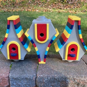 Large Whimsical Poly Birdhouse, Gray with Yellow, Cardinal Red, Navy, and Aqua Blue Roof image 2