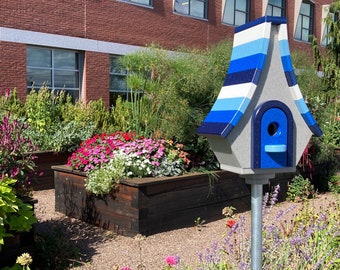 Large Whimsical Poly Birdhouse, Gray with Navy, White, Sky, and Royal Blue Roof