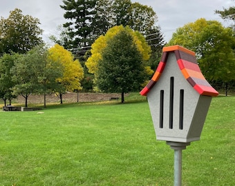 Butterfly House Gray with Orange, Maroon, and Red Roof