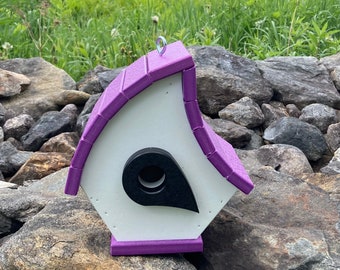 Eclectic Hanging Poly Birdhouse, White with Purple Roof