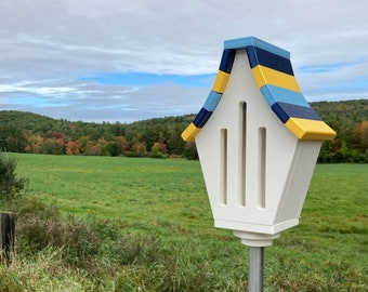 Butterfly House, White with Sky Blue, Navy Blue, and Yellow Roof