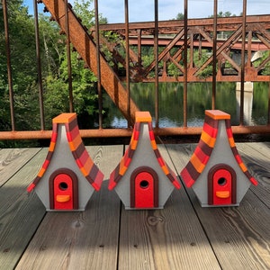 Large Whimsical Poly Birdhouse, Gray with Orange, Maroon, and Red Roof