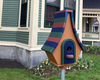 Large Whimsical Poly Birdhouse, Cedar with Maroon, Green & Navy Roof