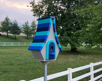 Large Whimsical Poly Birdhouse, Gray with Navy, Aqua, and Royal Blue Roof