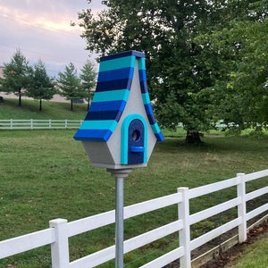 Large Whimsical Poly Birdhouse, Gray with Navy, Aqua, and Royal Blue Roof image 1