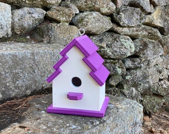 Traditional Eco-Friendly Poly Birdhouse, White with Purple Roof