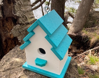 Traditional Eco-Friendly Poly Birdhouse, White with Aqua Blue Roof