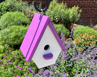 Classic Wren Poly Birdhouse, White with Purple Roof
