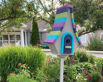 Large Whimsical Eco-Friendly Birdhouse, Gray with Purple, Navy, Lime, and Aqua Roof