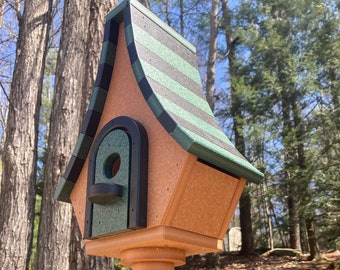 Large Whimsical Poly Birdhouse, Cedar with Green & Black Roof