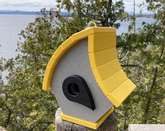 Eclectic Hanging Poly Birdhouse, Gray with Yellow Roof