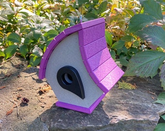 Eclectic Hanging Poly Birdhouse, Gray with Purple Roof