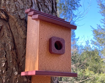 Square Back-Mount Birdhouse, Cedar colored poly lumber with Maroon Roof