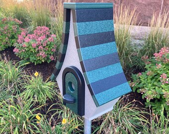 Large Whimsical Poly Birdhouse, Gray with Green and Black Roof