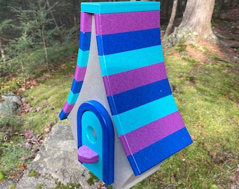 Whimsical Recycled Poly Lumber Birdhouse, Gray with Aqua, Purple, and Royal Blue Roof