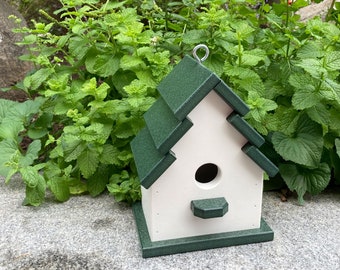 Traditional Eco-Friendly Poly Birdhouse, White with Green Roof