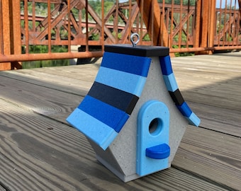 Chalet Poly Birdhouse, Gray with Black, Royal, and Sky Blue Roof